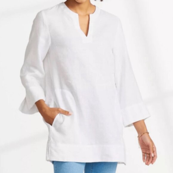 Lands End Linen Viscose Blend White Tunic Top Pockets, Split Hem New, Sz XXL - Picture 1 of 9